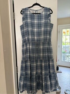 Sara Campbell Maxi Dress Blue & White Plaid Sleeveless Lined Adj  Drawstring XL